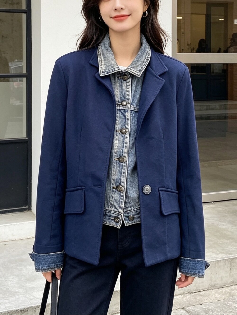 Femme Size S Blue Denim Jacket Blazer Navy Lining Made in Italy Layered Look